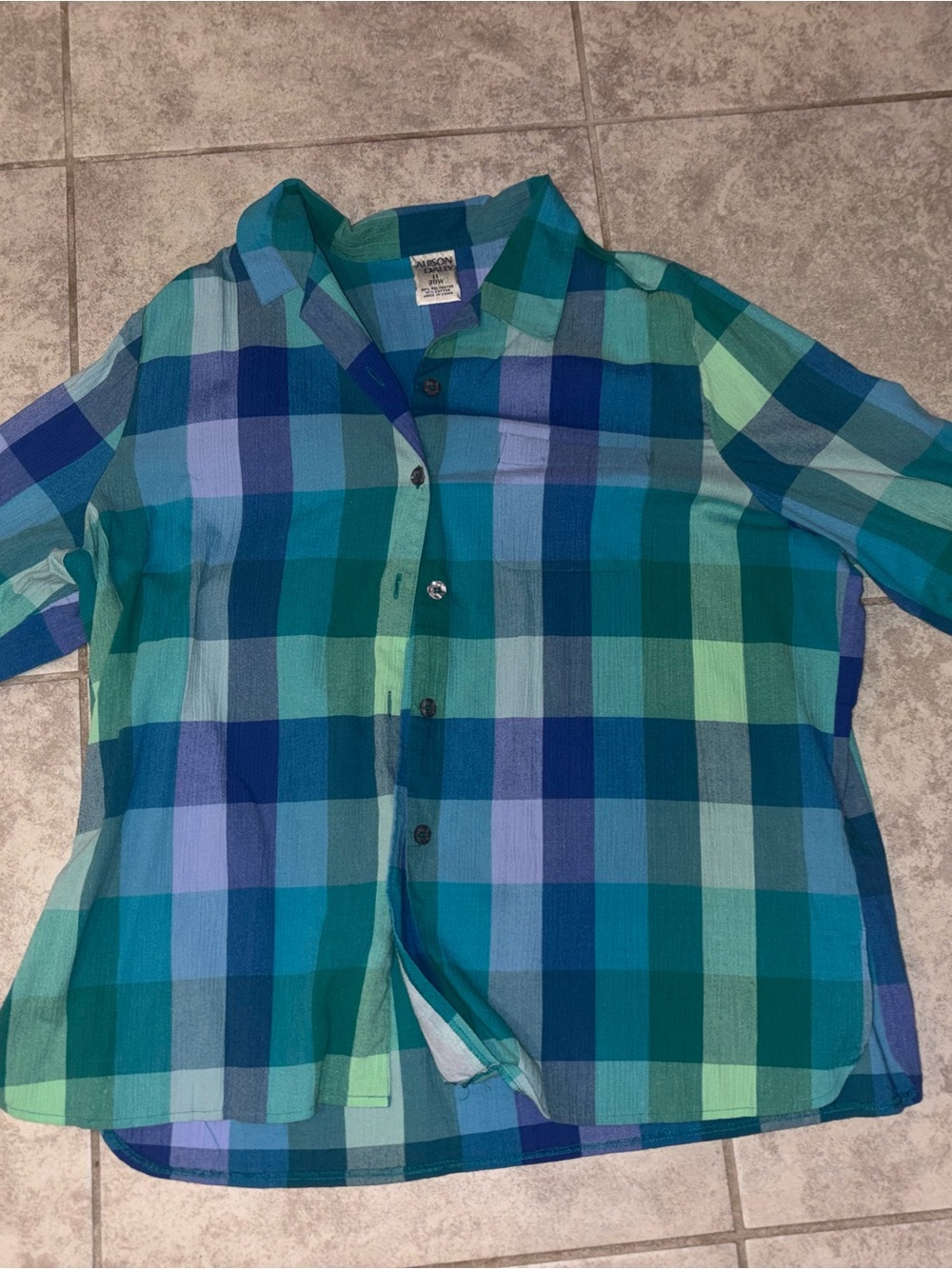 Allison Daley Blue and Green Plaid Button-Down Shirt